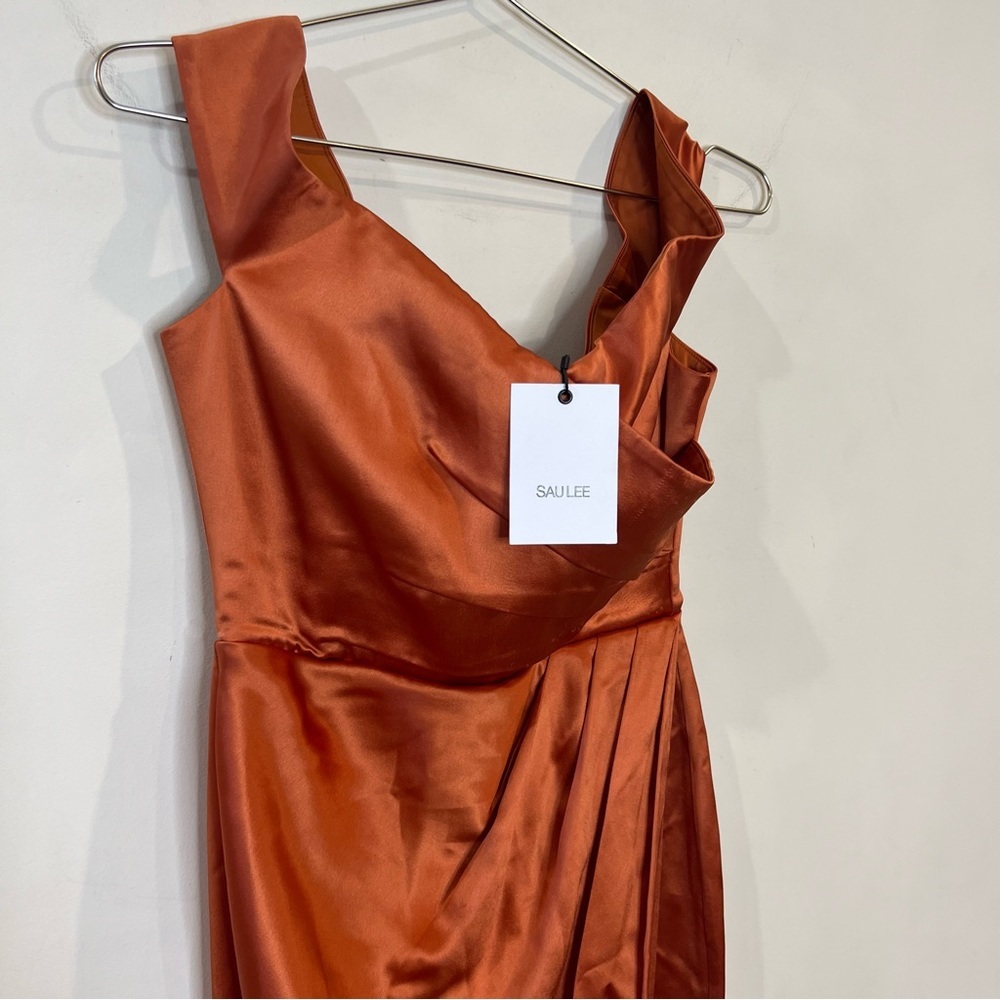 Sau Lee Gwyneth Off the Shoulder Gown Satin Maxi Dress Copper size 2 NEW w/ tags - Picture 5 of 16